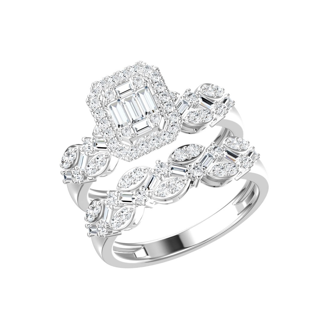 18K White Gold 1.01 tcw Natural Diamond Wedding Set Ring: Gold Type: 18K White Gold Approximate Total Gold Weight (gm): 3.85 Natural Diamond Shape(s): Round/Baguette Total Natural Diamond Weight: 1.01 carat No. of Natural Diamonds: 88 Color of Natu