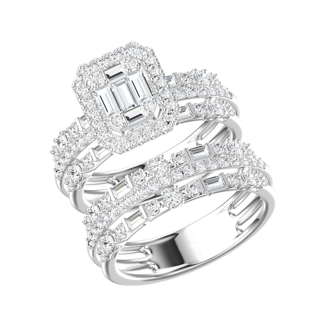 18K White Gold 1.30 tcw Natural Diamond Wedding Set Ring: Gold Type: 18K White Gold Approximate Total Gold Weight (gm): 5.71 Natural Diamond Shape(s): Baguette/Round Total Natural Diamond Weight: 1.30 carat No. of Natural Diamonds: 113 Color of Nat