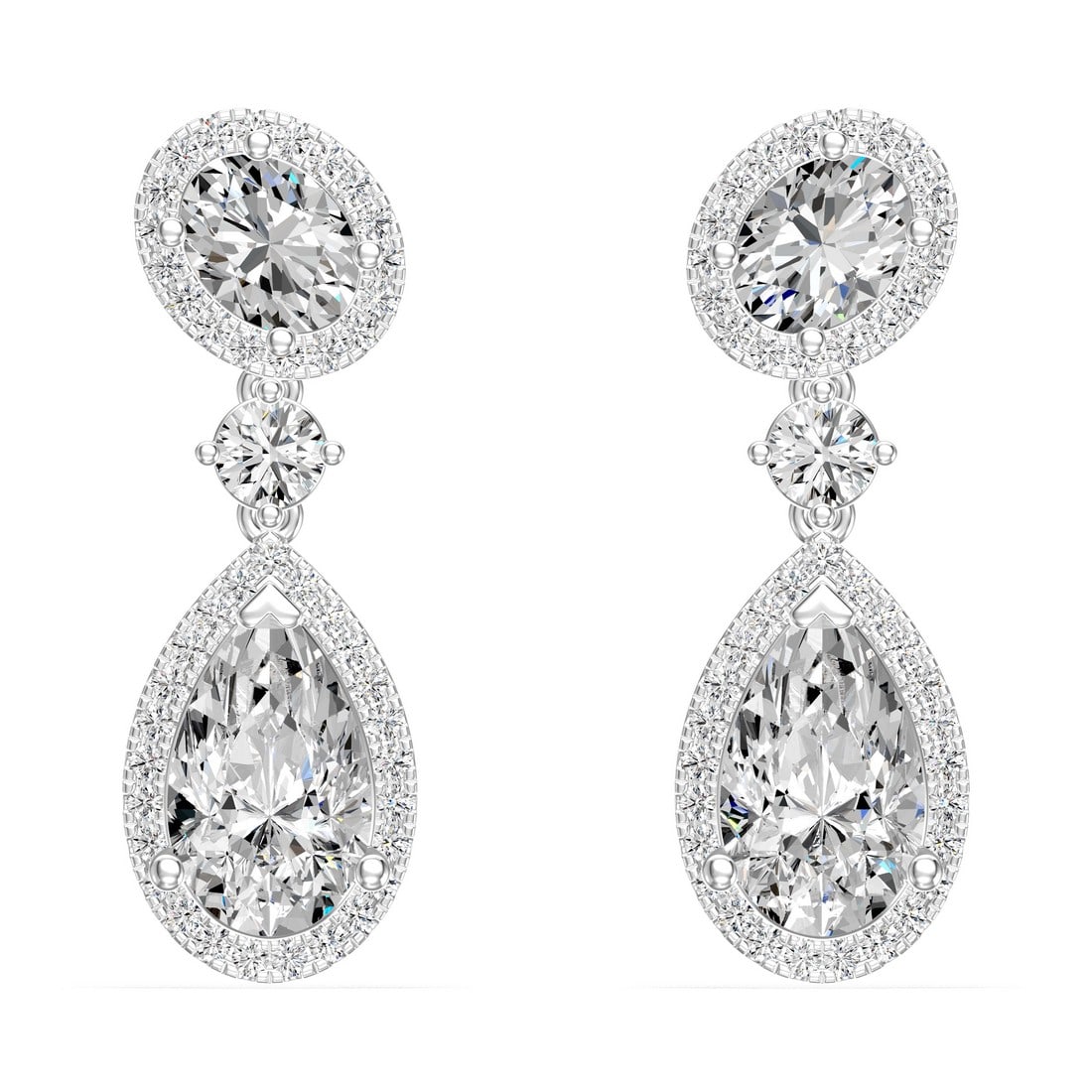 18K White Gold 3.39 tcw Natural Diamond Earrings: Gold Type: 18K White Gold Approximate Total Gold Weight (gm): 4.07 Natural Diamond Shape(s): Round/Oval/Pear Total Natural Diamond Weight: 3.39 carat No. of Natural Diamonds: 92 Color of Nat
