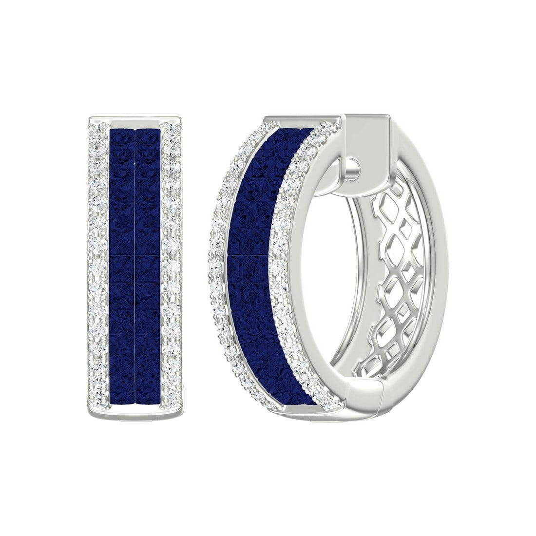 18K White Gold 2.11 tcw Diamonds with Natural Sapphire Earrings: Gold Type: 18K White Gold Approximate Total Gold Weight (gm): 9.76 Natural Diamond Shape(s): Round/Princess Total Natural Diamond Weight: 2.11 carat No. of Natural Diamonds: 128 Color of Nat