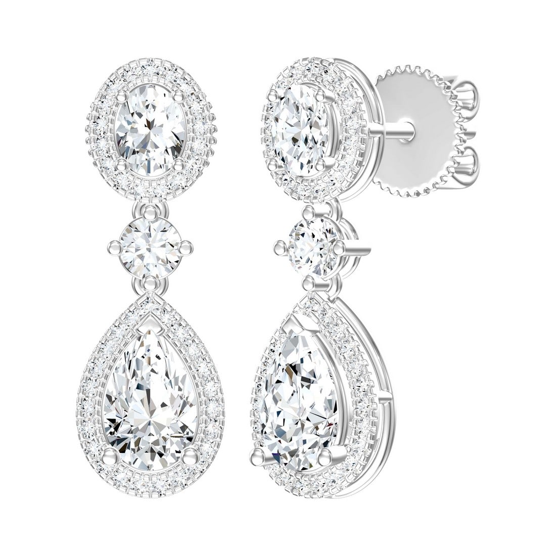 18K White Gold 1.80 tcw Natural Diamond Earrings: Gold Type: 18K White Gold Approximate Total Gold Weight (gm): 3.50 Natural Diamond Shape(s): Round/Oval/Pear Total Natural Diamond Weight: 1.80 carat No. of Natural Diamonds: 86 Color of Nat