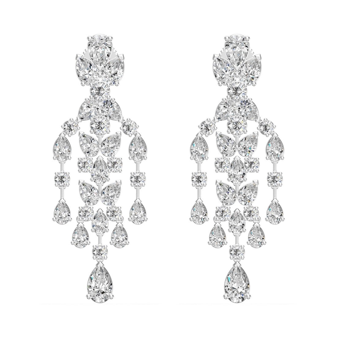 18K White Gold 7.03 tcw Natural Diamond Earrings: Gold Type: 18K White Gold Approximate Total Gold Weight (gm): 9.12 Natural Diamond Shape(s): Round/Pear Total Natural Diamond Weight: 7.03 carat No. of Natural Diamonds: 58 Color of Natural