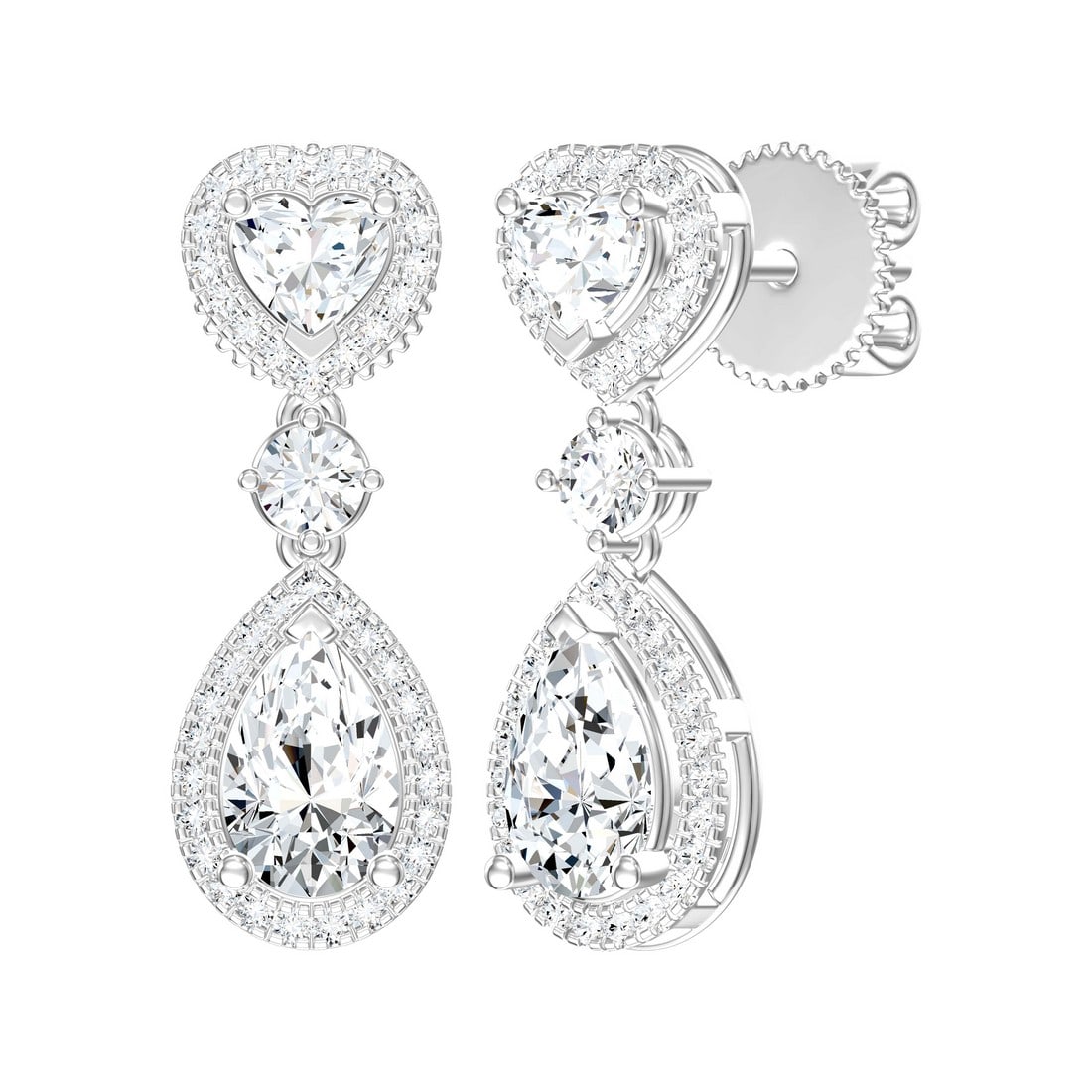 18K White Gold 1.84 tcw Natural Diamond Earrings: Gold Type: 18K White Gold Approximate Total Gold Weight (gm): 3.72 Natural Diamond Shape(s): Round/Pear/Heart Total Natural Diamond Weight: 1.84 carat No. of Natural Diamonds: 86 Color of Na