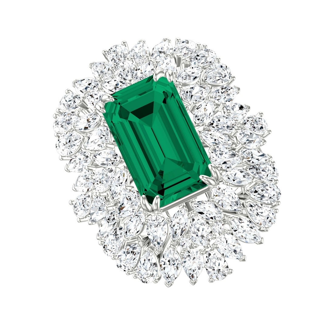 18K White Gold 10.65 tcw Diamonds with Natural Emerald Ring: Gold Type: 18K White Gold Approximate Total Gold Weight (gm): 10.25 Natural Diamond Shape(s): Round/Emerald/Pear/Marquise Total Natural Diamond Weight: 10.65 carat No. of Natural Diamonds: 61