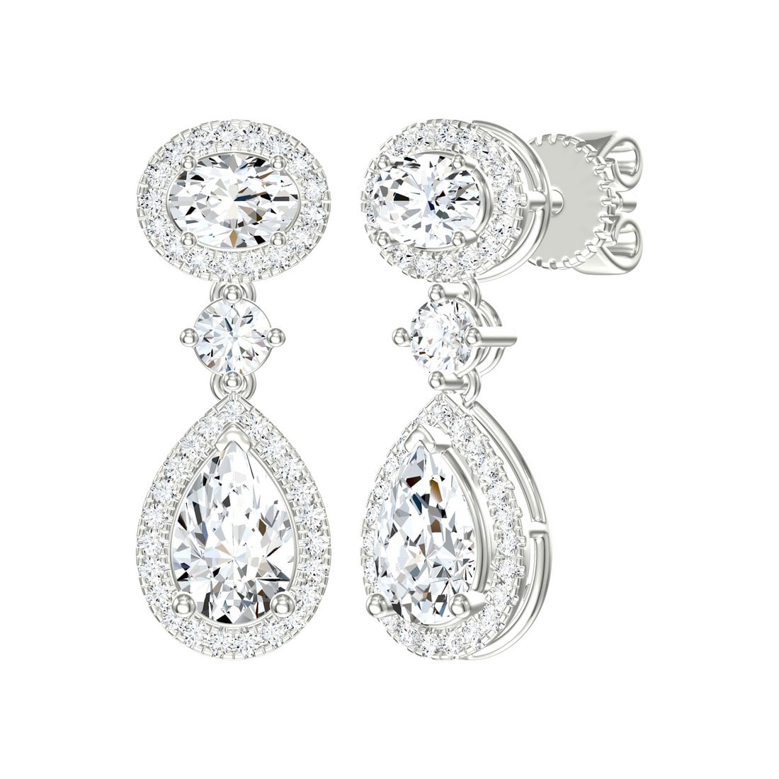 18K White Gold 1.79 tcw Natural Diamond Earrings: Gold Type: 18K White Gold Approximate Total Gold Weight (gm): 3.57 Natural Diamond Shape(s): Round/Pear/Oval Total Natural Diamond Weight: 1.79 carat No. of Natural Diamonds: 86 Color of Nat