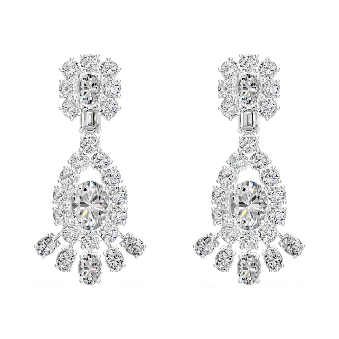 18K White Gold 7.19 tcw Natural Diamond Earrings: Gold Type: 18K White Gold Approximate Total Gold Weight (gm): 8.90 Natural Diamond Shape(s): Round/Oval/Emerald Total Natural Diamond Weight: 7.19 carat No. of Natural Diamonds: 54 Color of