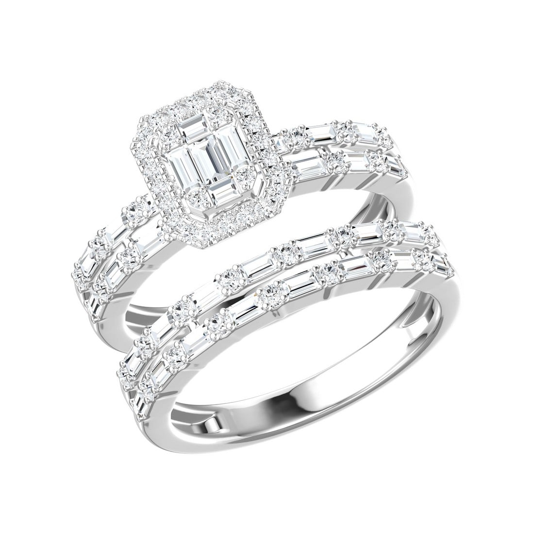 18K White Gold 1.01 tcw Natural Diamond Wedding Set Ring: Gold Type: 18K White Gold Approximate Total Gold Weight (gm): 4.39 Natural Diamond Shape(s): Round/Baguette Total Natural Diamond Weight: 1.01 carat No. of Natural Diamonds: 88 Color of Natu