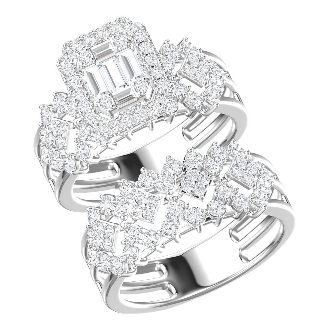 18K White Gold 1.82 tcw Natural Diamond Wedding Set Ring: Gold Type: 18K White Gold Approximate Total Gold Weight (gm): 7.42 Natural Diamond Shape(s): Baguette/Round Total Natural Diamond Weight: 1.82 carat No. of Natural Diamonds: 119 Color of Nat