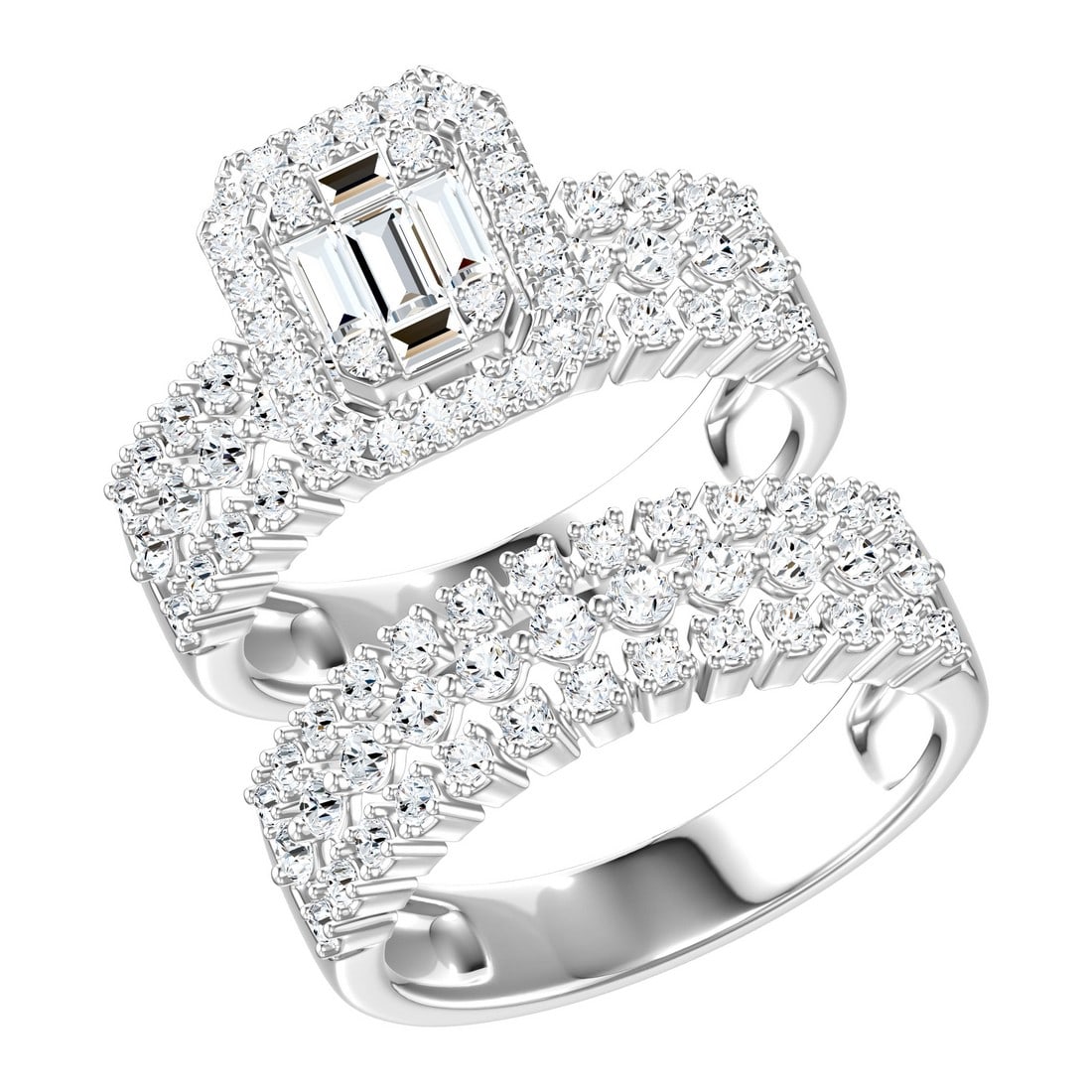18K White Gold 1.51 tcw Natural Diamond Wedding Set Ring: Gold Type: 18K White Gold Approximate Total Gold Weight (gm): 7.08 Natural Diamond Shape(s): Round/Baguette Total Natural Diamond Weight: 1.51 carat No. of Natural Diamonds: 102 Color of Nat