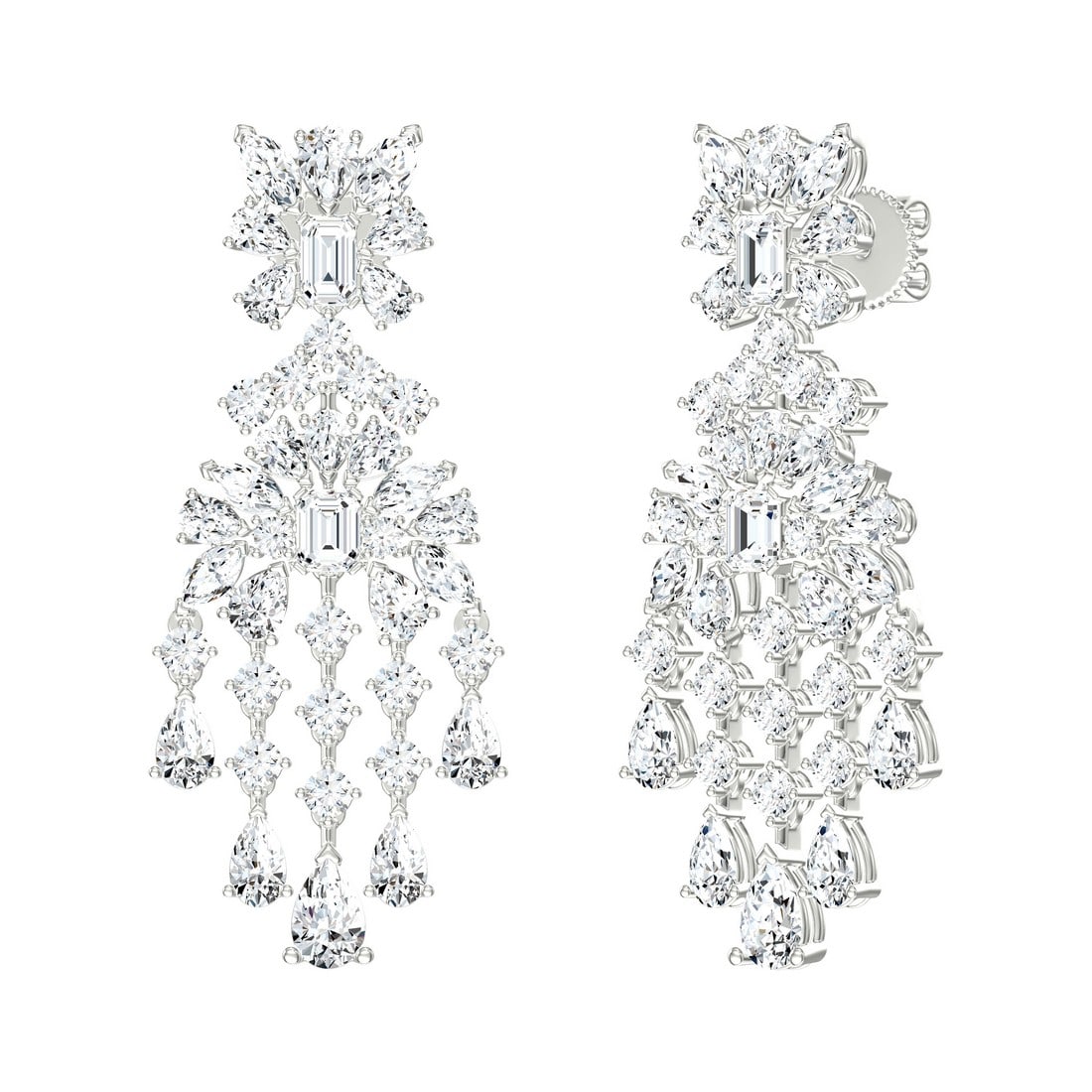 18K White Gold 8.14 tcw Natural Diamond Earrings: Gold Type: 18K White Gold Approximate Total Gold Weight (gm): 10.64 Natural Diamond Shape(s): Round/Emerald/Marquise/Pear Total Natural Diamond Weight: 8.14 carat No. of Natural Diamonds: 82