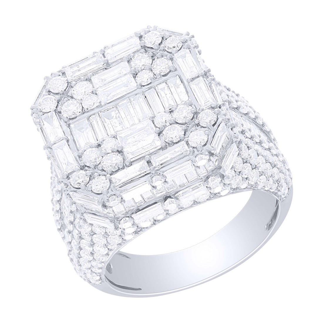 Men's White Gold 7.44 tcw Natural Diamond Ring: Gold Type: 10K White Gold Approximate Total Gold Weight (gm): 15.03 Natural Diamond Shape(s): Round/Baguette Total Natural Diamond Weight: 7.44 carat No. of Natural Diamonds: 310 Color of Na