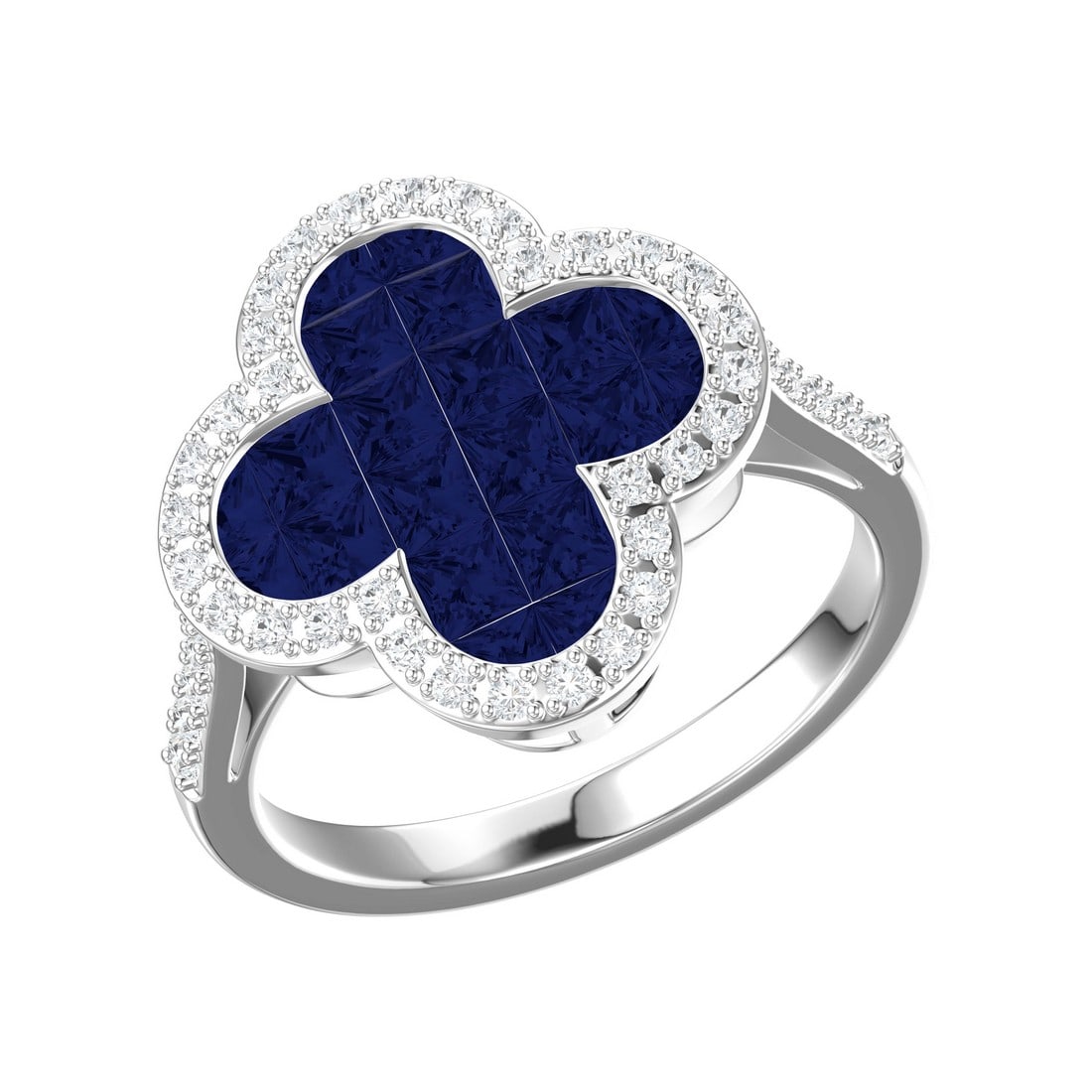 18K White Gold 2.09 tcw Diamonds with Natural Sapphire Ring: Gold Type: 18K White Gold Approximate Total Gold Weight (gm): 5.78 Natural Diamond Shape(s): Round/Princess Total Natural Diamond Weight: 2.09 carat No. of Natural Diamonds: 62 Color of Natu