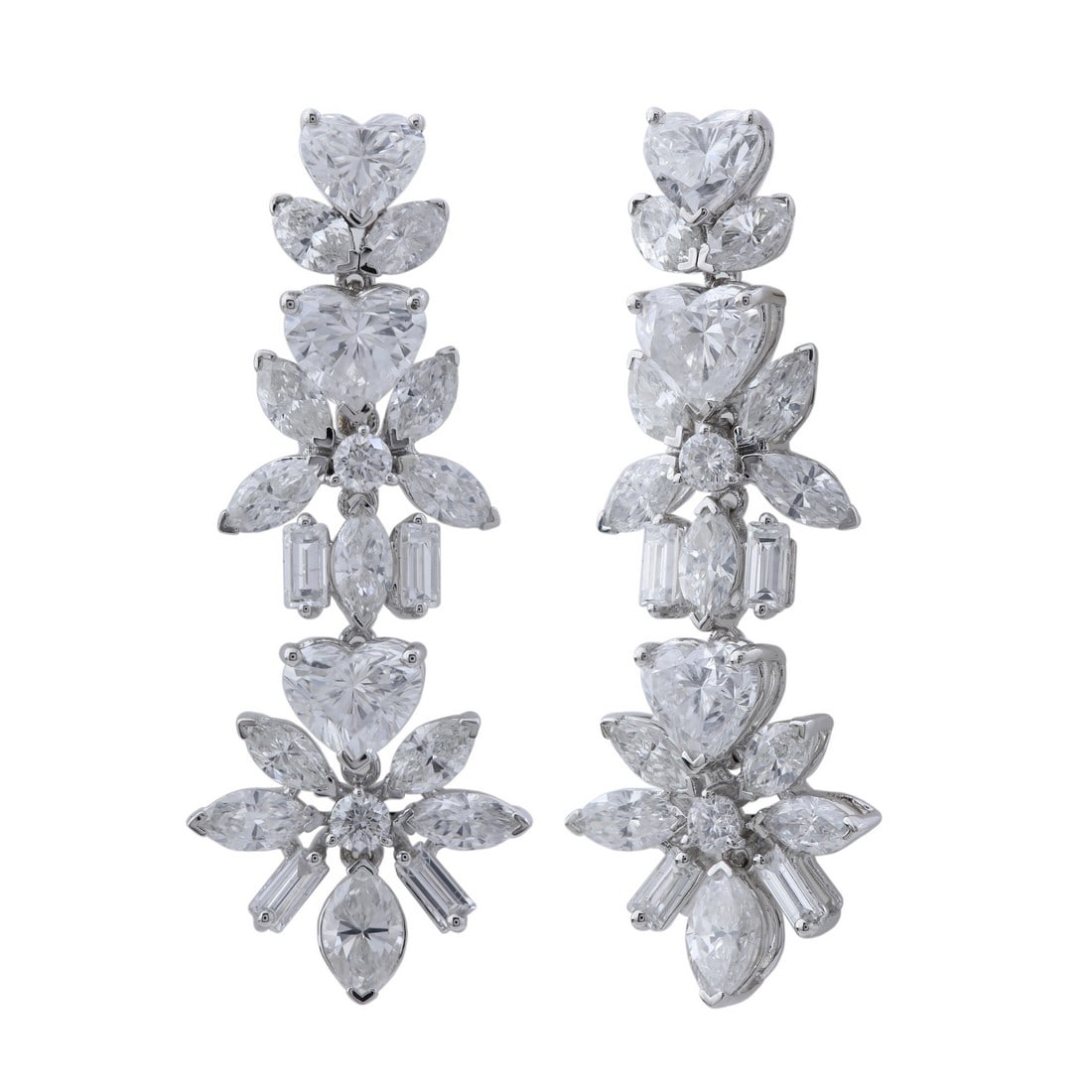 18K White Gold 6.15 tcw Natural Diamond Earrings: Gold Type: 18K White Gold Approximate Total Gold Weight (gm): 5.85 Natural Diamond Shape(s): Baguette/Heart/Marquise Total Natural Diamond Weight: 6.15 carat No. of Natural Diamonds: 42 Colo
