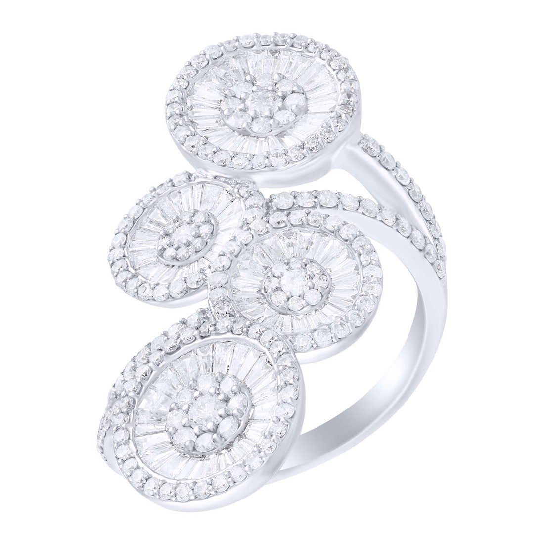 18K White Gold 2.12 tcw Natural Diamond Ring: Gold Type: 18K White Gold Approximate Total Gold Weight (gm): 8.32 Natural Diamond Shape(s): Round/Baguette Total Natural Diamond Weight: 2.12 carat No. of Natural Diamonds: 254 Color of Nat