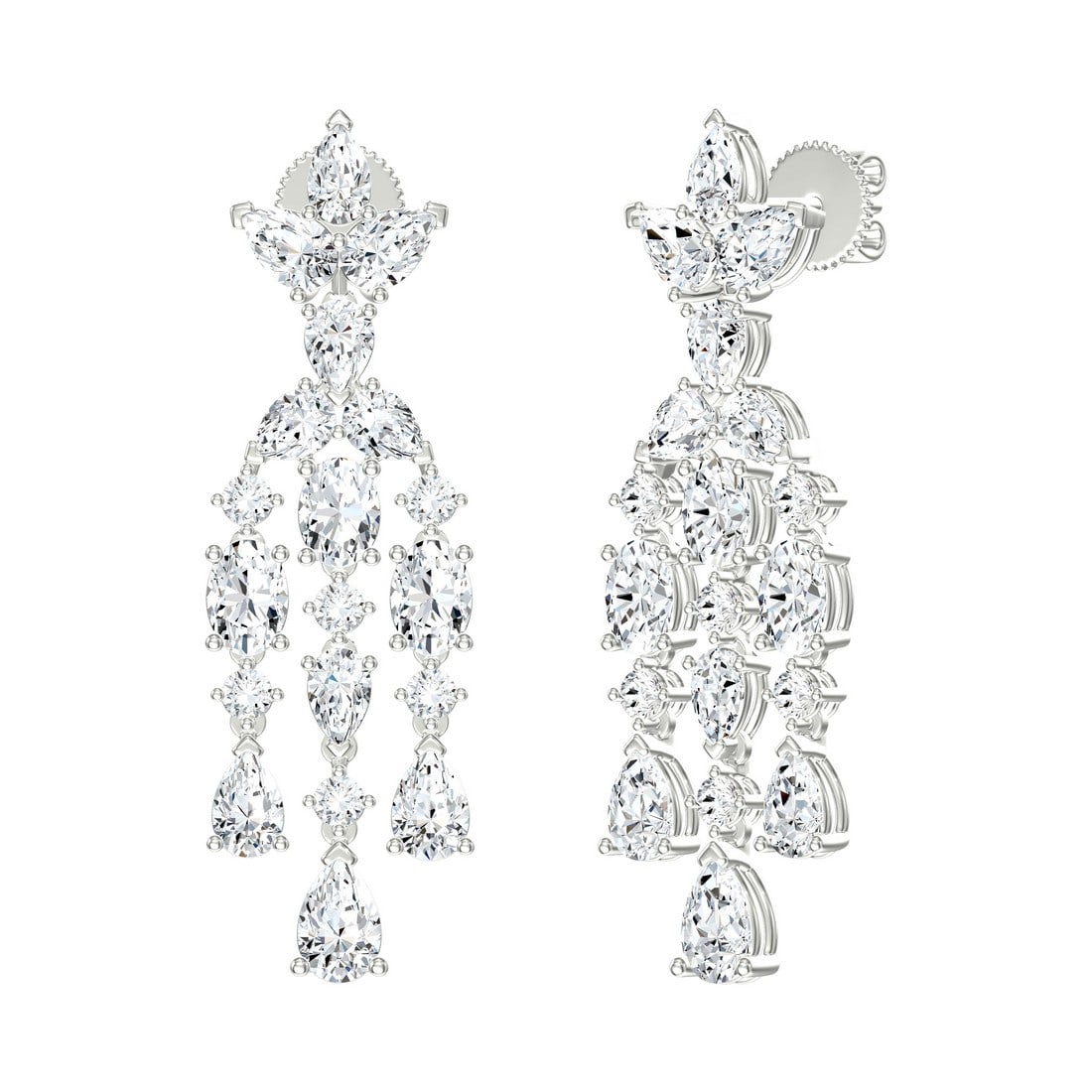 18K White Gold 7.92 tcw Natural Diamond Earrings: Gold Type: 18K White Gold Approximate Total Gold Weight (gm): 7.78 Natural Diamond Shape(s): Round/Pear/Oval Total Natural Diamond Weight: 7.92 carat No. of Natural Diamonds: 38 Color of Nat
