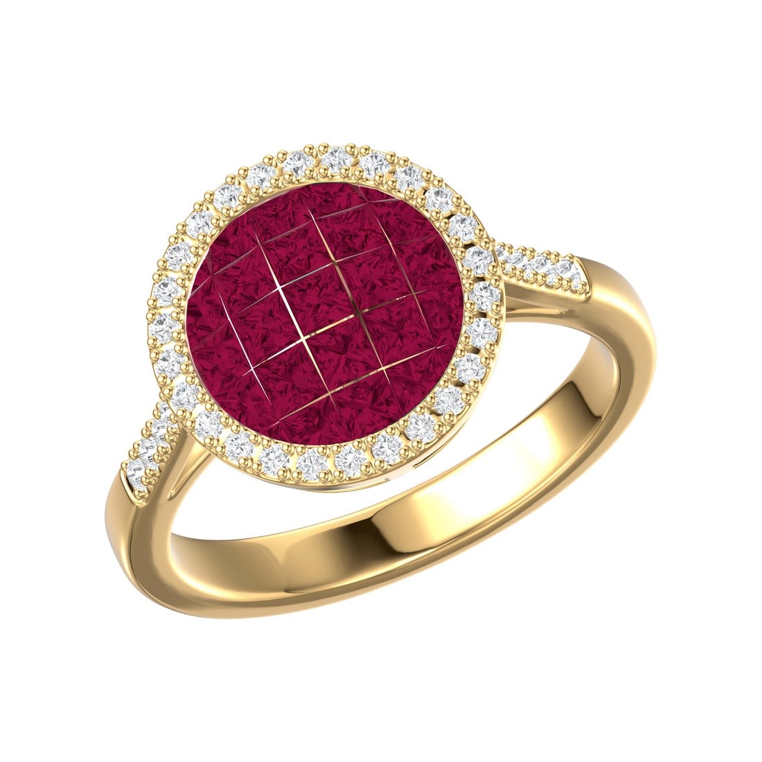 18K Yellow Gold 1.75 tcw Diamonds with Natural Ruby Ring: Gold Type: 18K Yellow Gold Approximate Total Gold Weight (gm): 5.01 Natural Diamond Shape(s): Round/Princess Total Natural Diamond Weight: 1.75 carat No. of Natural Diamonds: 59 Color of Nat
