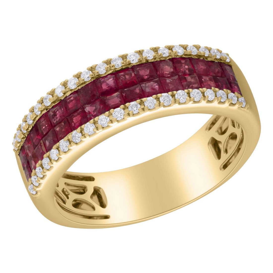 18K Yellow Gold 1.57 tcw Diamonds with Natural Ruby Ring: Gold Type: 18K Yellow Gold Approximate Total Gold Weight (gm): 5.65 Natural Diamond Shape(s): Round/Princess Total Natural Diamond Weight: 1.57 carat No. of Natural Diamonds: 68 Color of Nat