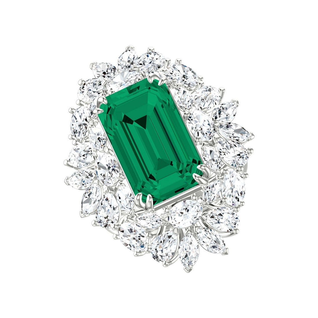 18K White Gold 14.00 tcw Diamonds with Natural Emerald Ring: Gold Type: 18K White Gold Approximate Total Gold Weight (gm): 10.03 Natural Diamond Shape(s): Oval/Emerald/Marquise/Pear Total Natural Diamond Weight: 14.00 carat No. of Natural Diamonds: 33