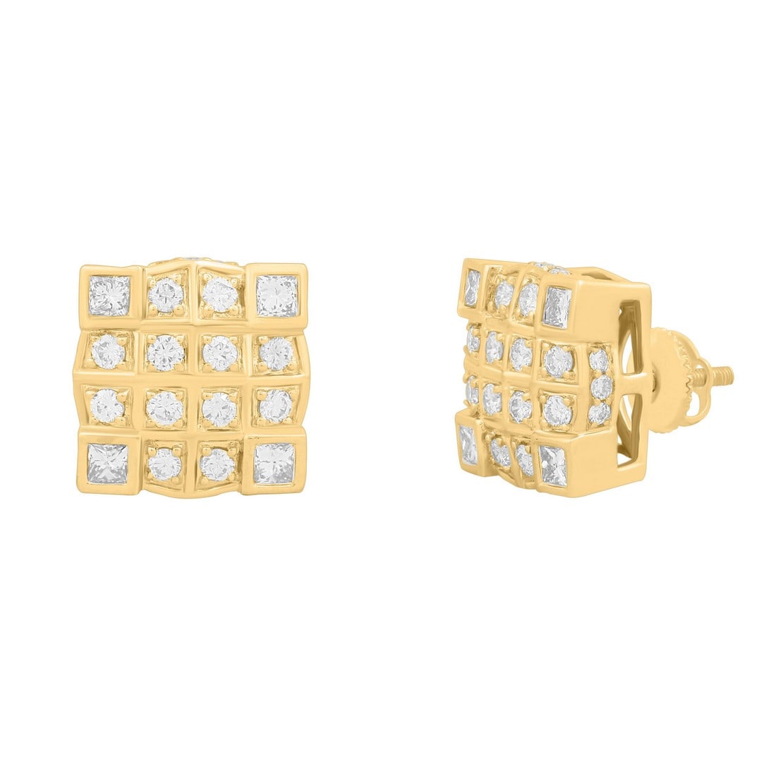 14K Yellow Gold 1.36 tcw Natural Diamond Earrings: Gold Type: 14K Yellow Gold Approximate Total Gold Weight (gm): 7.14 Natural Diamond Shape(s): Round/Princess Total Natural Diamond Weight: 1.36 carat No. of Natural Diamonds: 56 Color of Nat