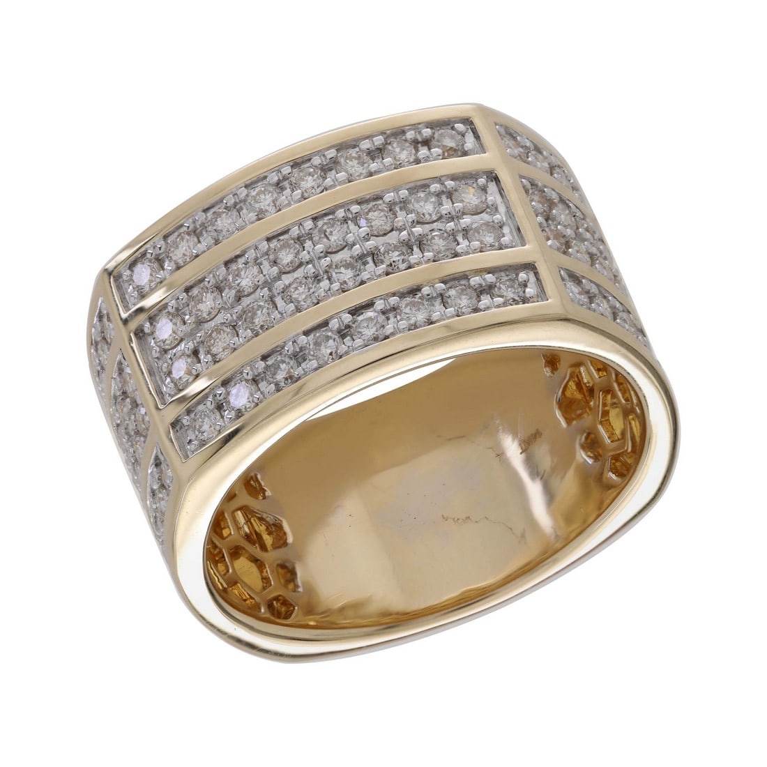 14K Yellow Gold 1.58 tcw Natural Diamond Ring: Gold Type: 14K Yellow Gold Approximate Total Gold Weight (gm): 16.11 Natural Diamond Shape(s): Round Total Natural Diamond Weight: 1.58 carat No. of Natural Diamonds: 72 Color of Natural Dia