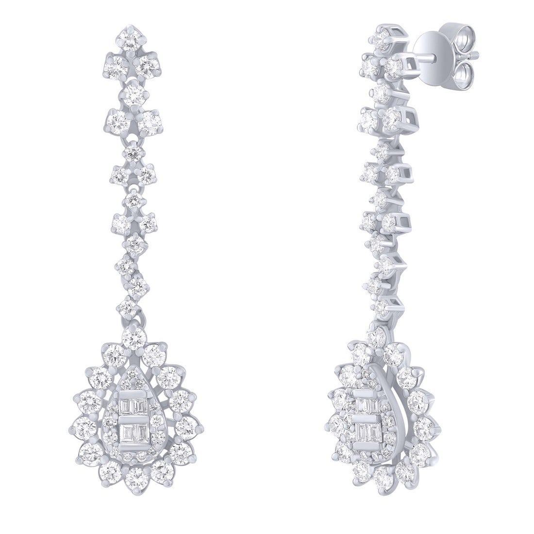18K White Gold 1.45 tcw Natural Diamond Earrings: Gold Type: 18K White Gold Approximate Total Gold Weight (gm): 5.97 Natural Diamond Shape(s): Round/Baguette Total Natural Diamond Weight: 1.45 carat No. of Natural Diamonds: 94 Color of Natu