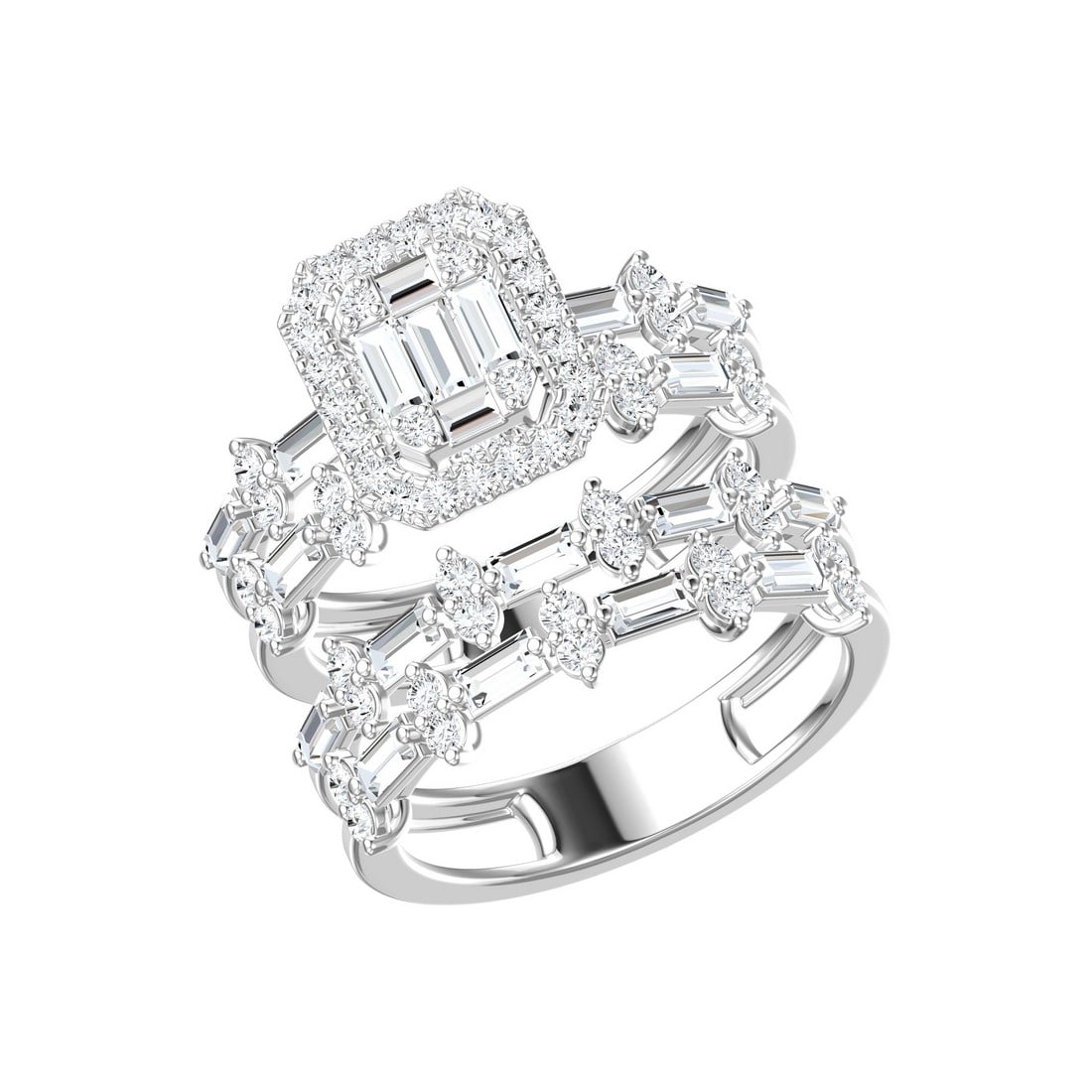 18K White Gold 1.38 tcw Natural Diamond Wedding Set Ring: Gold Type: 18K White Gold Approximate Total Gold Weight (gm): 5.18 Natural Diamond Shape(s): Round/Baguette Total Natural Diamond Weight: 1.38 carat No. of Natural Diamonds: 84 Color of Natu