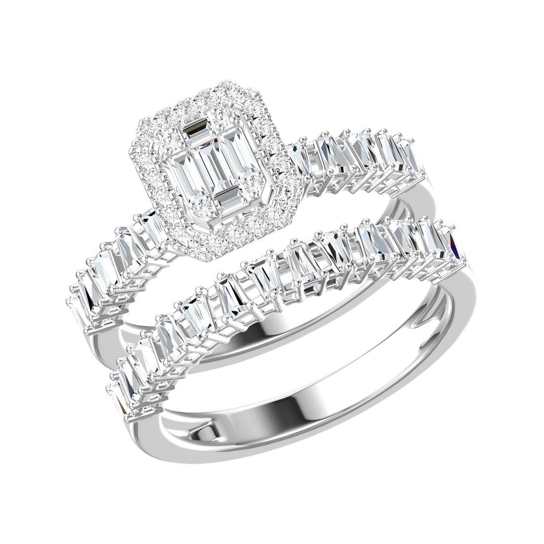 18K White Gold .71 tcw Natural Diamond Wedding Set Ring: Gold Type: 18K White Gold Approximate Total Gold Weight (gm): 4.35 Natural Diamond Shape(s): Round/Baguette Total Natural Diamond Weight: 0.71 carat No. of Natural Diamonds: 56 Color of Natu