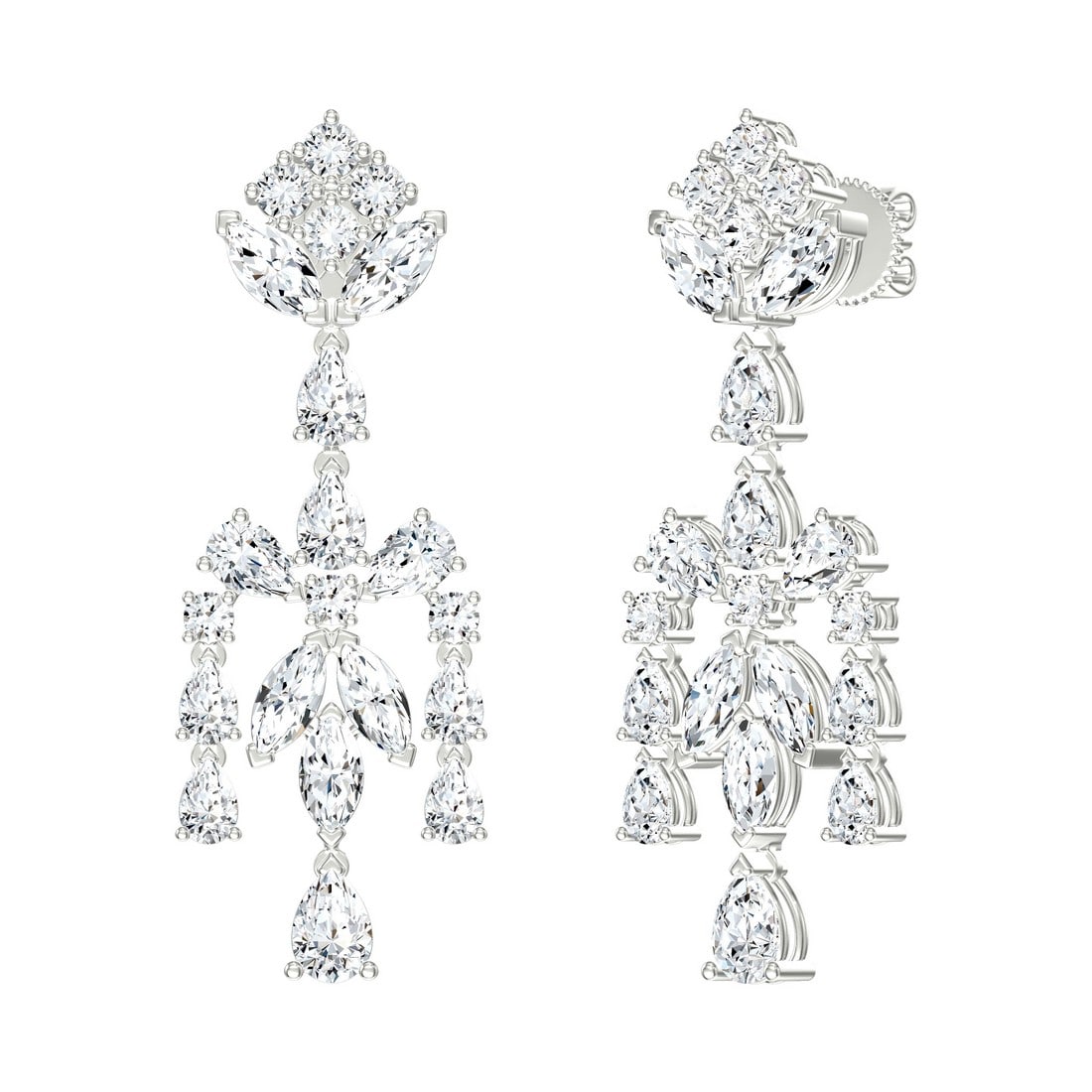 18K White Gold 7.67 tcw Natural Diamond Earrings: Gold Type: 18K White Gold Approximate Total Gold Weight (gm): 8.66 Natural Diamond Shape(s): Round/Marquise/Pear/ Total Natural Diamond Weight: 7.67 carat No. of Natural Diamonds: 42 Color o