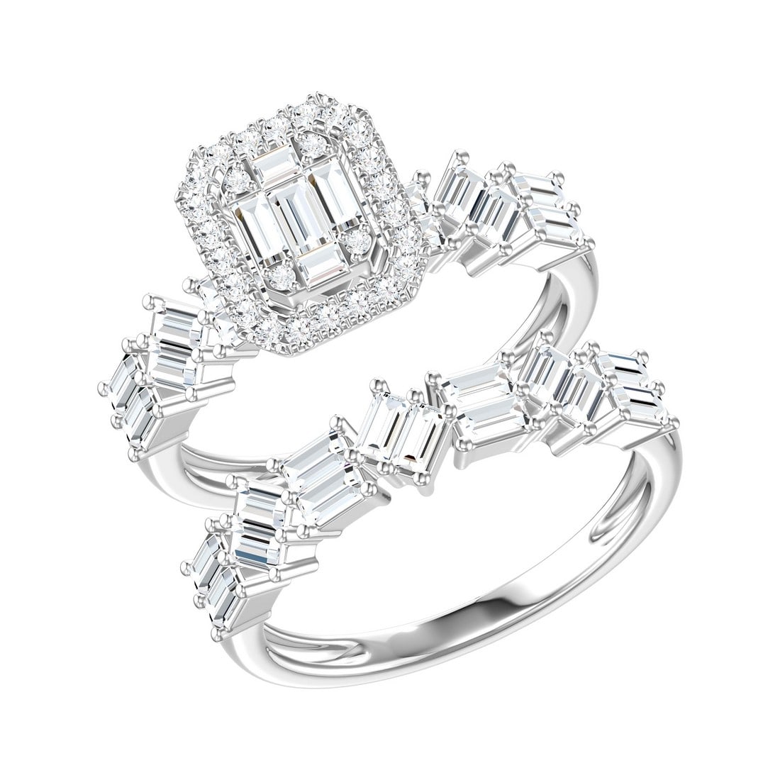 18K White Gold 1.06 tcw Natural Diamond Wedding Set Ring: Gold Type: 18K White Gold Approximate Total Gold Weight (gm): 4.95 Natural Diamond Shape(s): Round/Baguette Total Natural Diamond Weight: 1.06 carat No. of Natural Diamonds: 57 Color of Natu