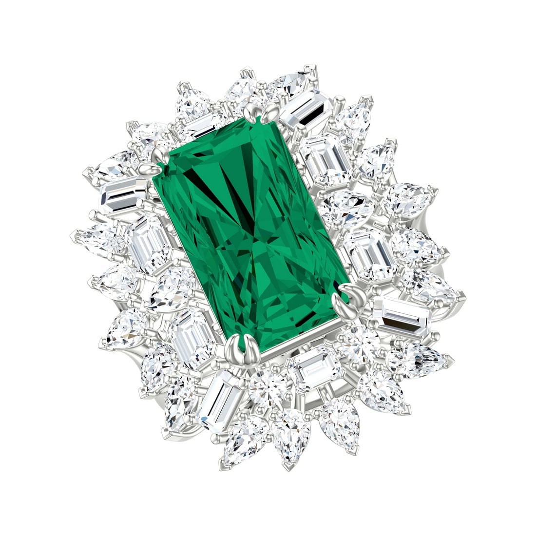 18K White Gold 10.08 tcw Diamonds with Natural Emerald Ring: Gold Type: 18K White Gold Approximate Total Gold Weight (gm): 9.03 Natural Diamond Shape(s): Baguette/Emerald/Pear Total Natural Diamond Weight: 10.08 carat No. of Natural Diamonds: 37 Color