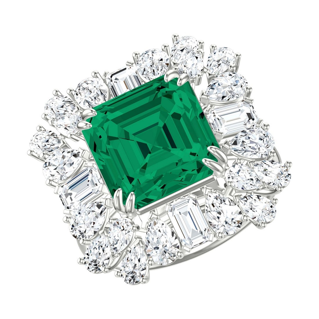 18K White Gold 9.77 tcw Diamonds with Natural Emerald Ring: Gold Type: 18K White Gold Approximate Total Gold Weight (gm): 7.95 Natural Diamond Shape(s): Emerald/Pear Total Natural Diamond Weight: 9.77 carat No. of Natural Diamonds: 25 Color of Natura