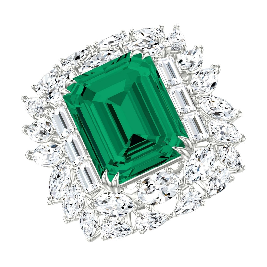 18K White Gold 17.11 tcw Diamonds with Natural Emerald Ring: Gold Type: 18K White Gold Approximate Total Gold Weight (gm): 11.80 Natural Diamond Shape(s): Baguette/Emerald/Marquise/Pear/Oval Total Natural Diamond Weight: 17.11 carat No. of Natural Diamo