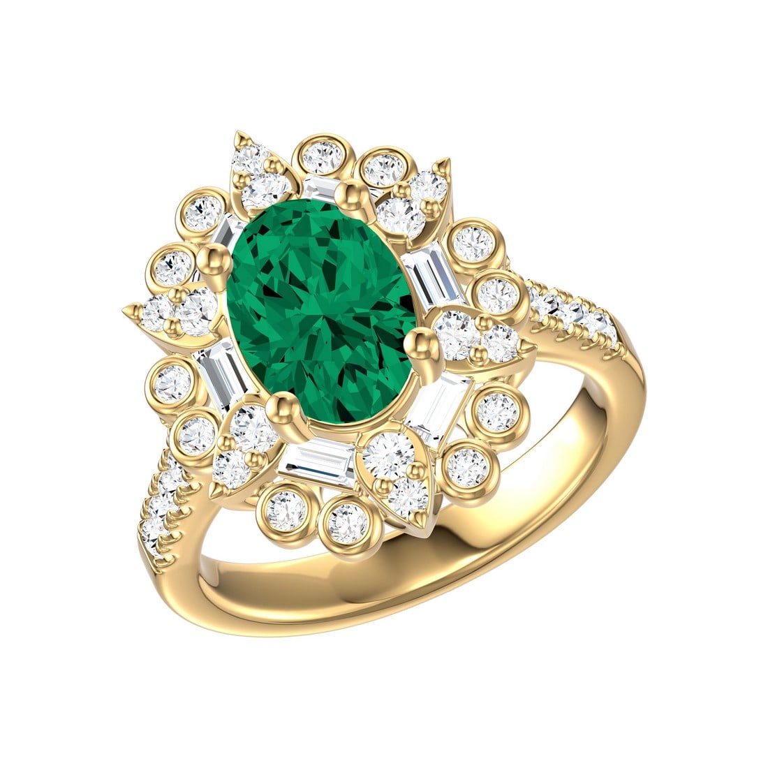 14K Yellow Gold 2.68 tcw Diamonds with Natural Emerald Ring: Gold Type: 14K Yellow Gold Approximate Total Gold Weight (gm): 5.19 Natural Diamond Shape(s): Baguette/Round/Oval Total Natural Diamond Weight: 2.68 carat No. of Natural Diamonds: 41 Color o
