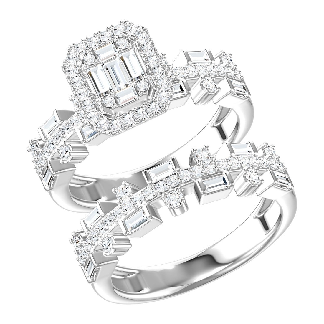 18K White Gold .97 tcw Natural Diamond Wedding Set Ring: Gold Type: 18K White Gold Approximate Total Gold Weight (gm): 6.52 Natural Diamond Shape(s): Round/Baguette Total Natural Diamond Weight: 0.97 carat No. of Natural Diamonds: 99 Color of Natu
