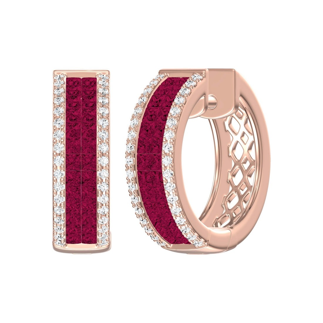 18K Yellow Gold 2.15 tcw Diamonds with Natural Ruby Earrings: Gold Type: 18K Yellow Gold Approximate Total Gold Weight (gm): 10.29 Natural Diamond Shape(s): Round/Princess Total Natural Diamond Weight: 2.15 carat No. of Natural Diamonds: 124 Color of N