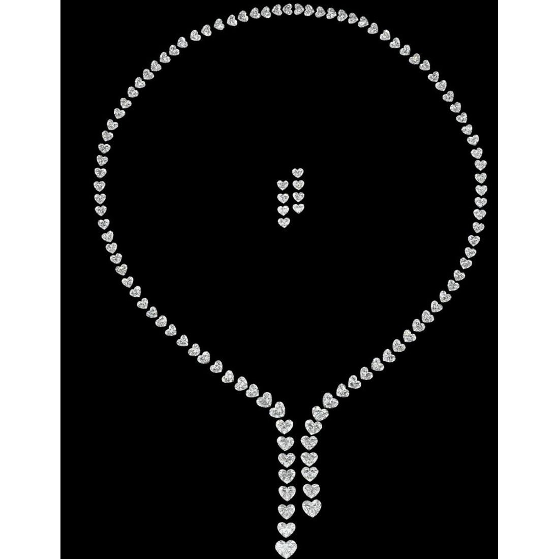 54.57 ct Heart Cut Diamond Necklace Layout Set: COMPLIMENTARY SETTING All Diamond Layouts are GIA graded and come with GIA certificates for each Diamond Diamond cut Shape: Heart Diamond size and carat range: 0.30-2.01 Clarity Range: VVS2-VS2