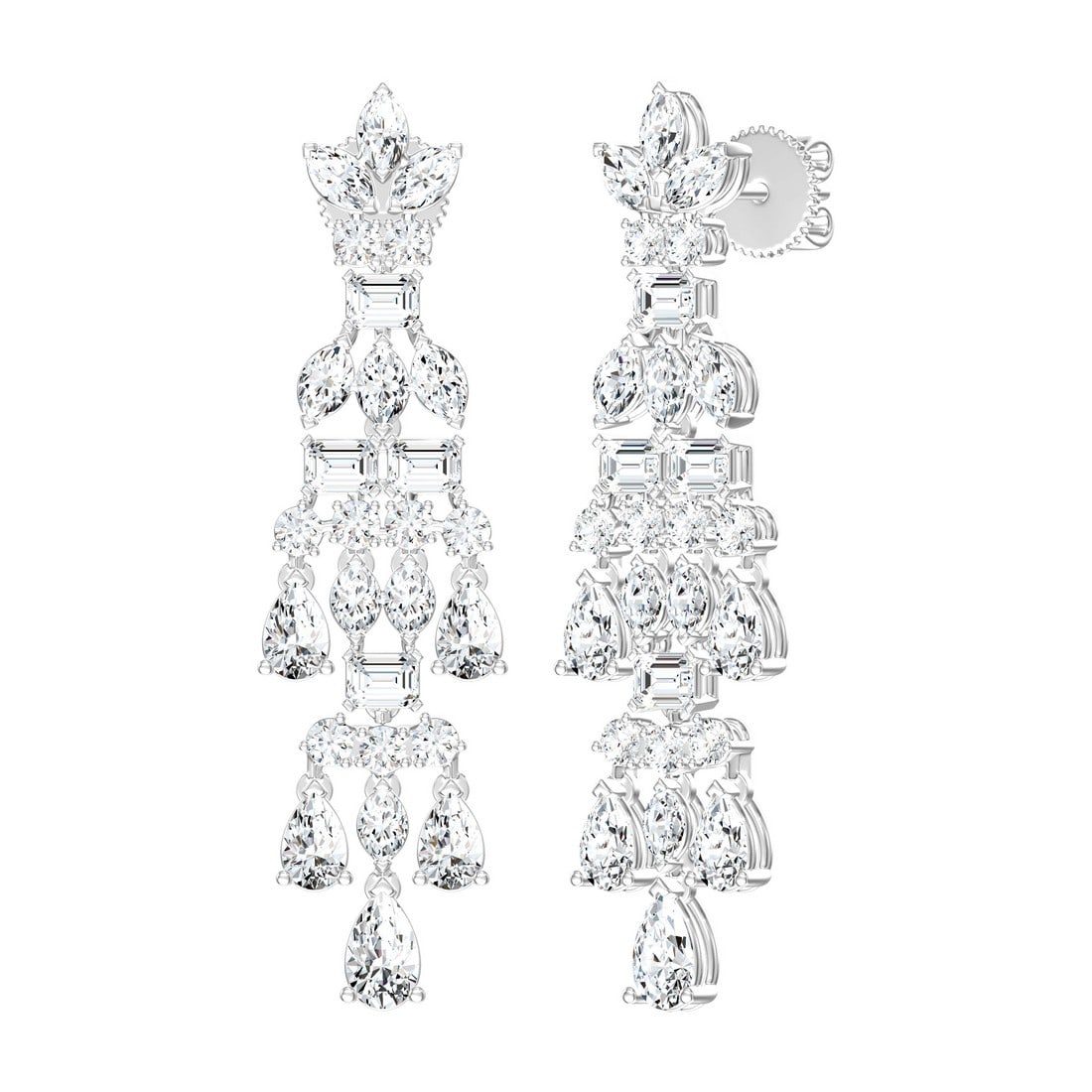 18K White Gold 5.59 tcw Natural Diamond Earrings: Gold Type: 18K White Gold Approximate Total Gold Weight (gm): 8.16 Natural Diamond Shape(s): Round/Emerald/Marquise/Pear Total Natural Diamond Weight: 5.59 carat No. of Natural Diamonds: 54