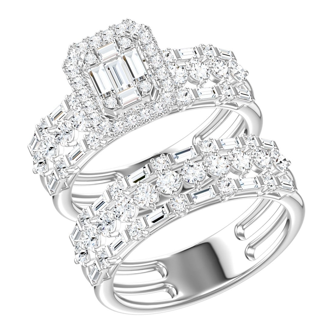 18K White Gold 1.48 tcw Natural Diamond Wedding Set Ring: Gold Type: 18K White Gold Approximate Total Gold Weight (gm): 5.69 Natural Diamond Shape(s): Round/Baguette Total Natural Diamond Weight: 1.48 carat No. of Natural Diamonds: 96 Color of Natu