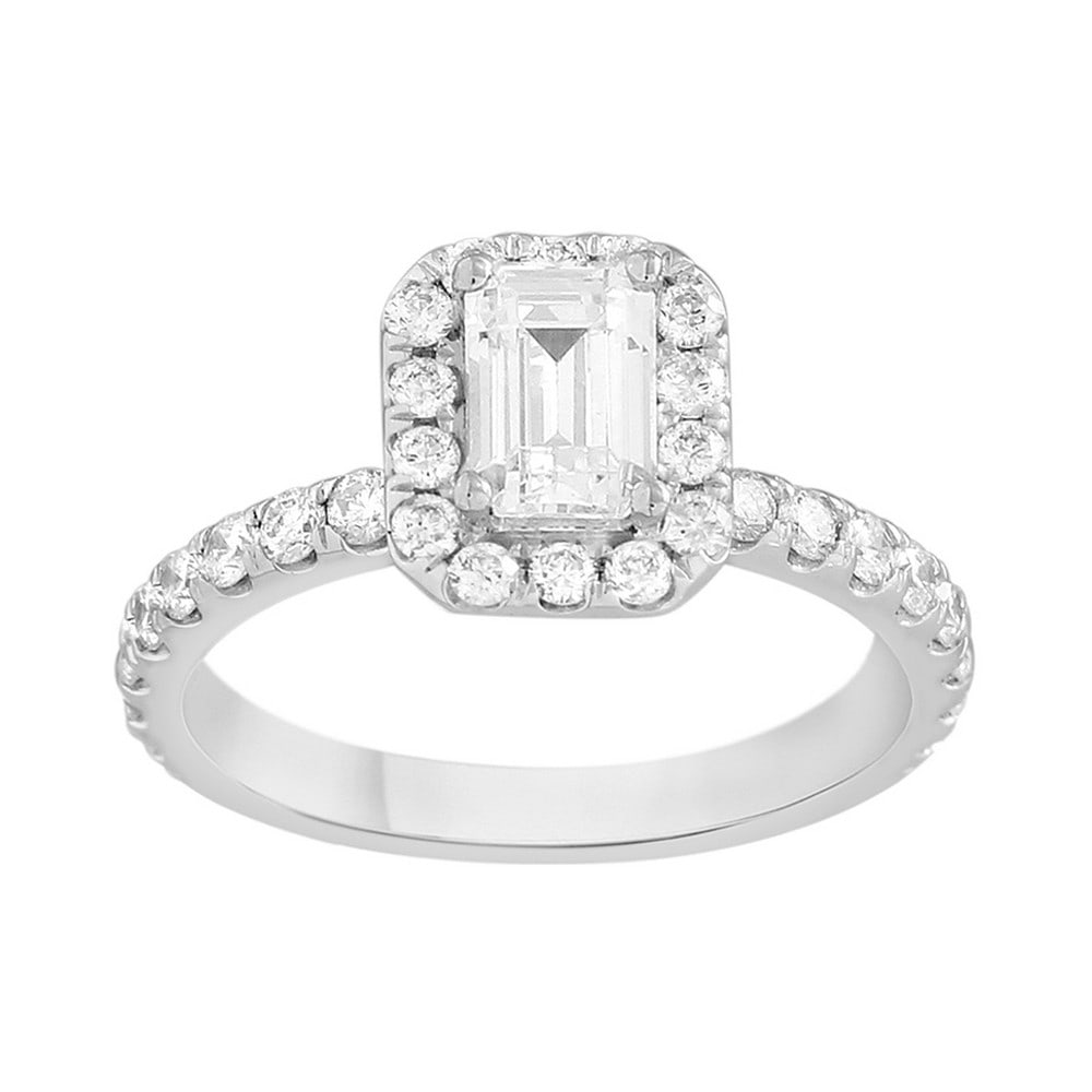 18kt White Gold 1.46ct Diamond Emerald cut Engagement Ring: Gold Content: 18kt White Gold Size (US): 7 Gold Weight in gram (approximate): 5.01 Shape of Diamonds: Emerald center + Round sides # of diamonds Including Center: 33 Size Range of Diamonds: 0.02-