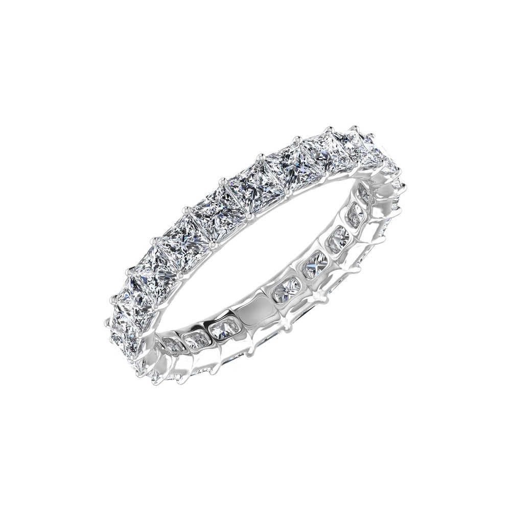 18kt White Gold Princess cut 3.08ct Diamond Eternity band: Gold Content: 18kt White Gold Size (US): 7 Gold Weight in gram (approximate): 4.22 Shape of Diamonds: Princess # of diamonds Including Center: 22 Size Range of Diamonds: 0.14-0.15ct Color Range