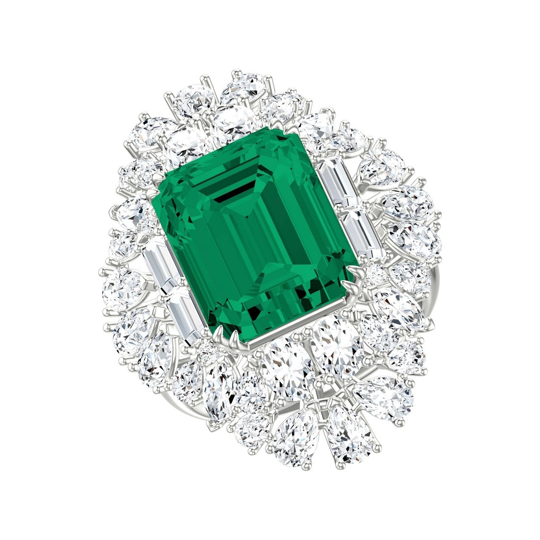 18K White Gold 12.36 tcw Diamonds with Natural Emerald Ring: Gold Type: 18K White Gold Approximate Total Gold Weight (gm): 9.47 Natural Diamond Shape(s): Baguette/Emerald/Pear/Oval/Marquise Total Natural Diamond Weight: 12.36 carat No. of Natural Diamon
