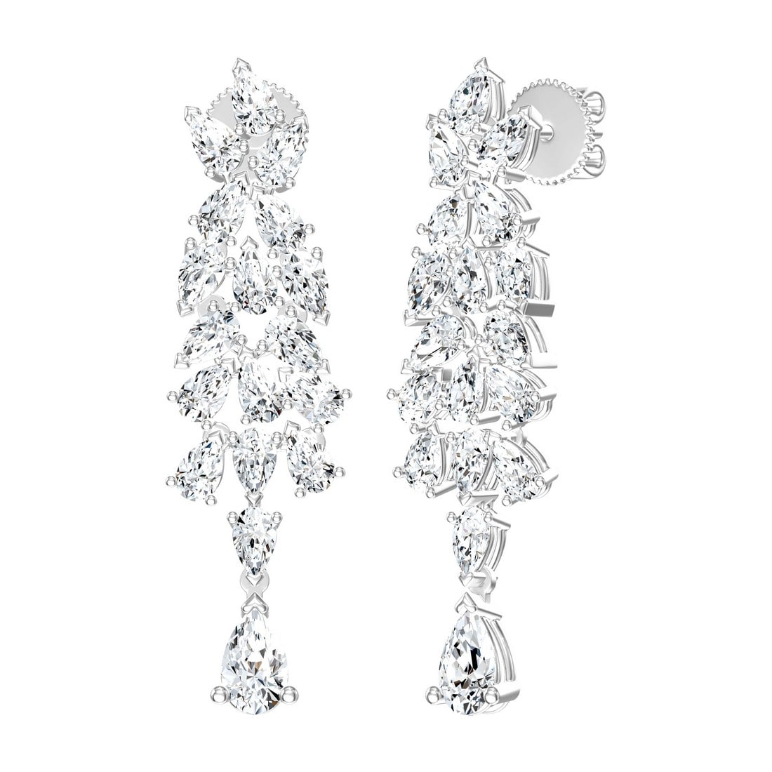 18K White Gold 4.47 tcw Natural Diamond Earrings: Gold Type: 18K White Gold Approximate Total Gold Weight (gm): 5.84 Natural Diamond Shape(s): Pear Total Natural Diamond Weight: 4.47 carat No. of Natural Diamonds: 36 Color of Natural Diamon
