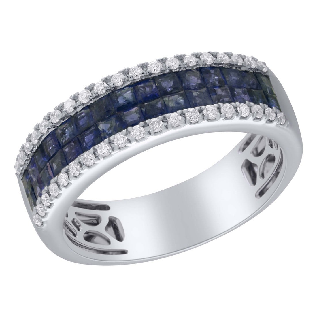 18K White Gold 1.34 tcw Diamonds with Natural Sapphire Ring: Gold Type: 18K White Gold Approximate Total Gold Weight (gm): 5.64 Natural Diamond Shape(s): Round/Princess Total Natural Diamond Weight: 1.34 carat No. of Natural Diamonds: 68 Color of Natu