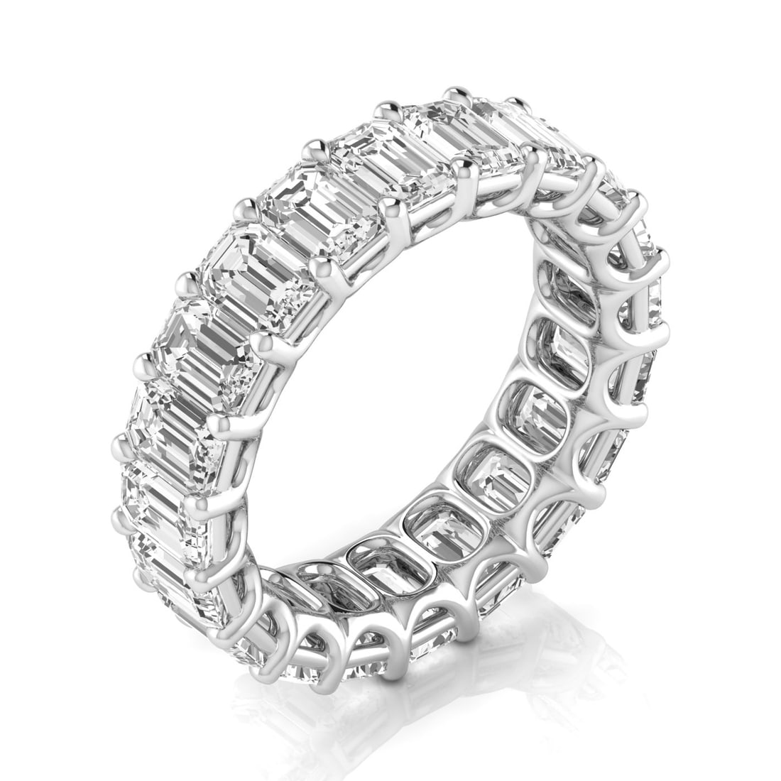 14k White Gold 6.90 ct Emerald Cut Diamond Eternity Band: All Diamond are GIA graded and come with GIA certificates for each Diamond Gold Content: 14k White Gold Diamond cut Shape: Emerald Diamond size and carat range: 0.30-0.35 Clarity Range: VS C