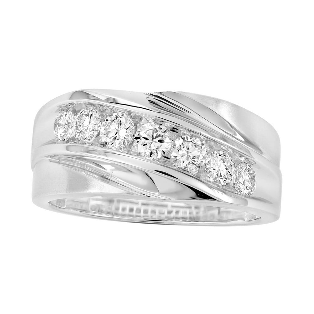 18kt White Gold .96ct Diamond Men's Band: Gold Content: 18kt White Gold Size (US): 10 Gold Weight in gram (approximate): 8.61 Shape of Diamonds: Round # of diamonds Including Center: 7 Size Range of Diamonds: 0.14-0.15ct Color Range : G