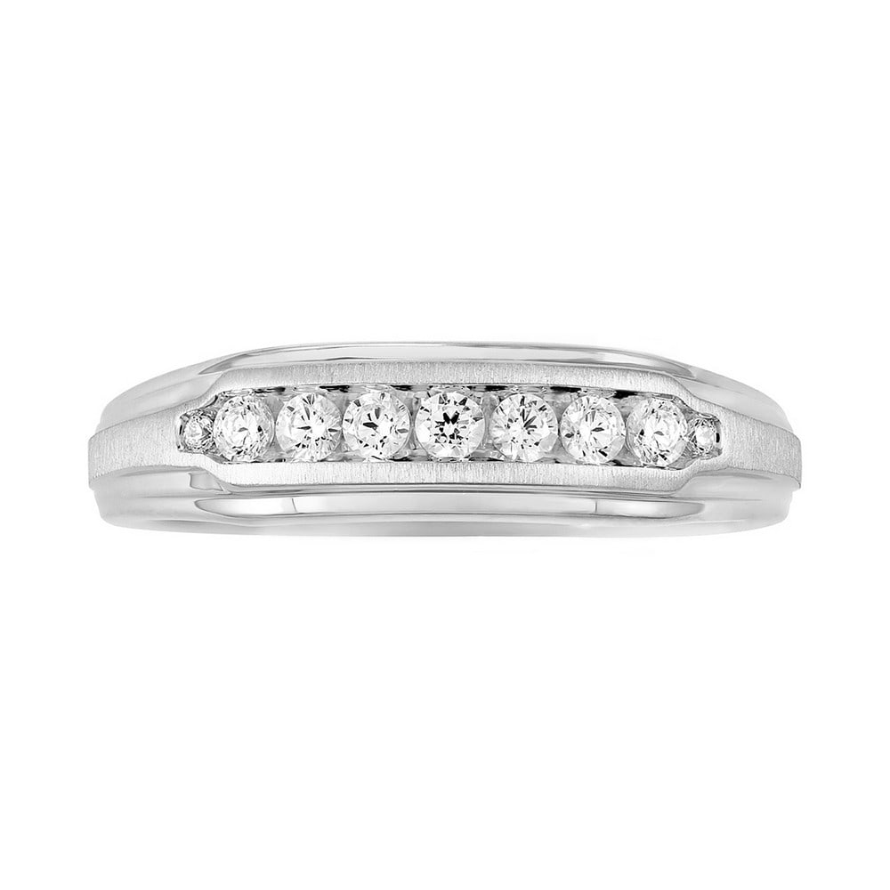 18kt White Gold .29ct Diamond Men's Band: Gold Content: 18kt White Gold Size (US): 10 Gold Weight in gram (approximate): 5.57 Shape of Diamonds: Round # of diamonds Including Center: 9 Size Range of Diamonds: 0.008-0.045ct Color Range :