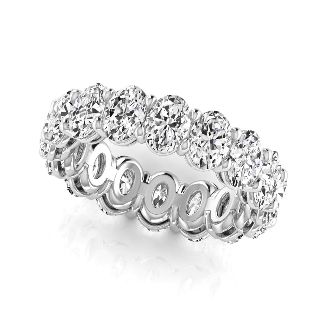 14k White Gold 6.40 ct Oval Cut Diamond Eternity Band: All Diamond are GIA graded and come with GIA certificates for each Diamond Gold Content: 14k White Gold Diamond cut Shape: Oval Diamond size and carat range: 0.30-0.35 Clarity Range: VVS-VS