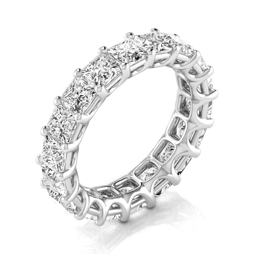 18kt White Gold Princess cut 5.49ct Diamond Eternity band: Gold Content: 18kt White Gold Size (US): 7 Gold Weight in gram (approximate): 4.25 Shape of Diamonds: Princess # of diamonds Including Center: 18 Size Range of Diamonds: 0.30-0.33ct Color Range