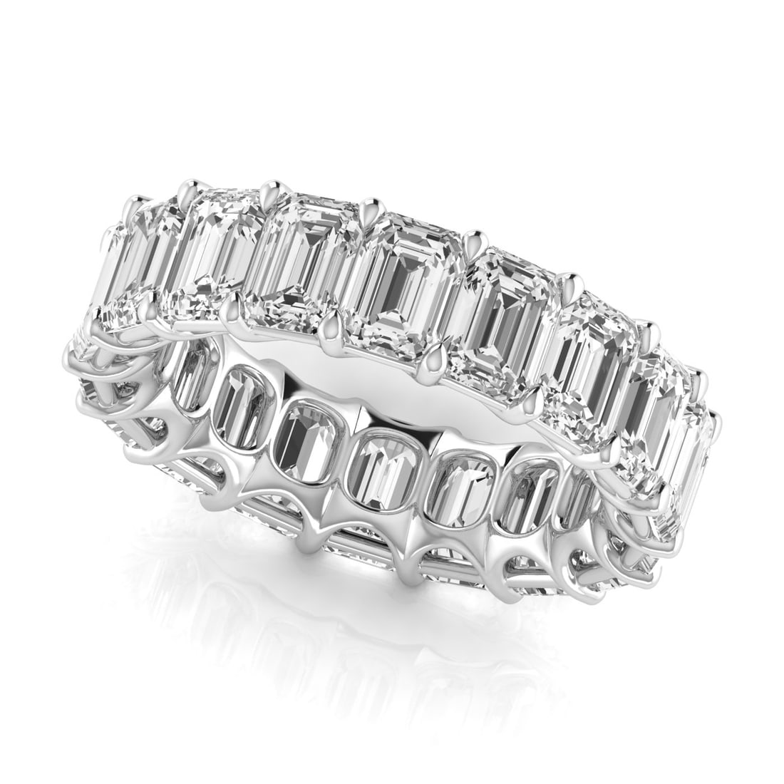14k White Gold 8.58 ct Emerald Cut Diamond Eternity Band: All Diamond are GIA graded and come with GIA certificates for each Diamond Gold Content: 14k White Gold Diamond cut Shape: Emerald Diamond size and carat range: 0.50-0.53 Clarity Range: VS C