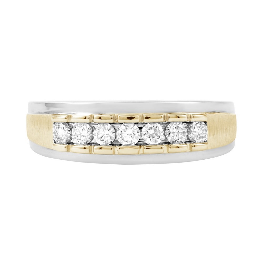 18kt 2-Tone Gold .46ct Diamond Men's Band: Gold Content: 18kt 2-Tone Gold Size (US): 10 Gold Weight in gram (approximate): 6.13 Shape of Diamonds: Round # of diamonds Including Center: 7 Size Range of Diamonds: 0.068-0.072ct Color Range